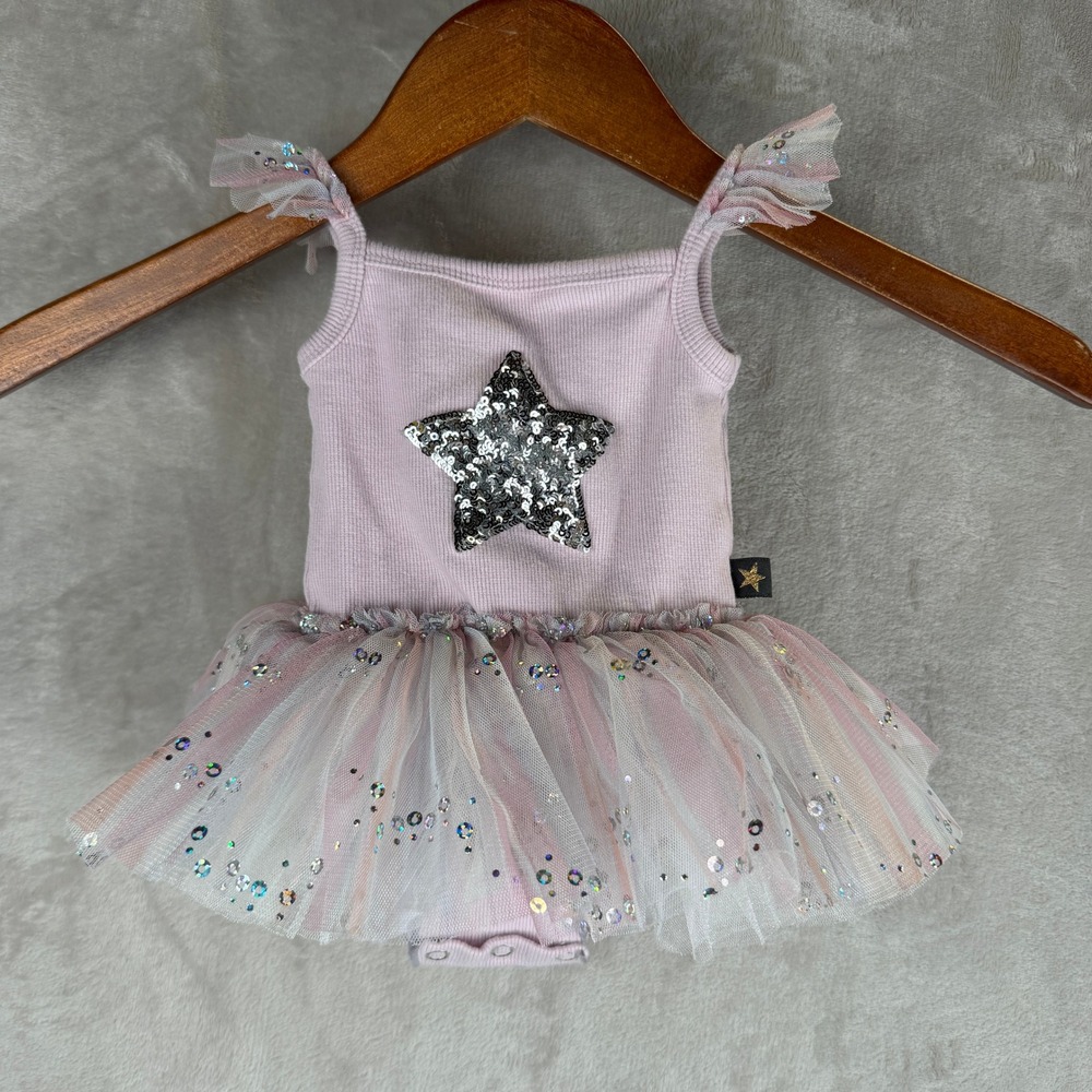 Petite Hailey Pink Star Sequin Tulle Tutu Bodysuit 3M Ribbed Ruffle Sleeveless